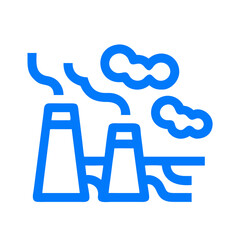 A blue line drawing of a factory with smoke coming out of it. The smoke is coming from two large chimneys