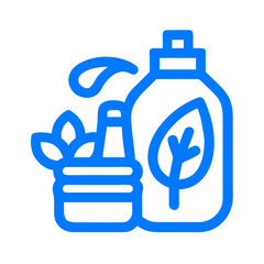 Obraz premium A blue and white image of a bottle of lotion with a leaf on it. The bottle is next to a bottle of water and a bottle of soap. Concept of cleanliness and self-care