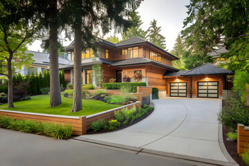 Obraz premium shabby cabin. The front of the home and backyard. lawn of grass and thuja.