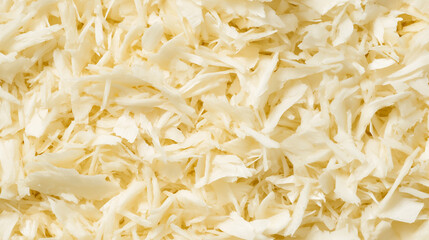 Obraz premium a close-up, top-down view of shredded parsnips spread across the entire frame, filling the image with their pale cream color and fine, delicate texture