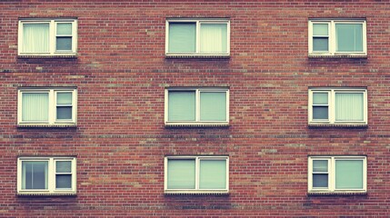 Symmetrical facade of a red brick building featuring repetitive windows, creating a minimalist, uniform pattern. Concept: Urban residential design.
