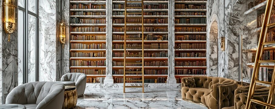 A lavish home library with floor-to-ceiling marble bookcases, a gold ladder, and plush velvet seating An ideal retreat for literature lovers in a serene environment