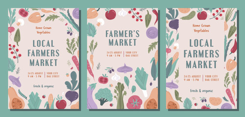 Set of modern banner or poster for Local Farmers Market, Organic Farm, Harvest Festival, Agricultural fair  Vector flat illustration. Announcement for seasonal fair. Hand drawn flyer template