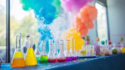 Colorful chemistry experiment with beakers and smoke creating a vivid display of scientific discovery for children at a science party.