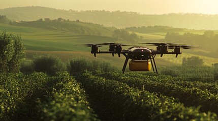 Futuristic Drone Delivering Organic Compost to Farm on Rolling Hills Landscape