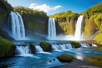 Fototapeta premium Idyllic Waterfalls in Nature: Exploring Serenity and Vibrant Landscapes