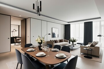 Fototapeta premium Elegant Minimalist Apartment Interior with Sophisticated Dining Scene and Spacious Living Room