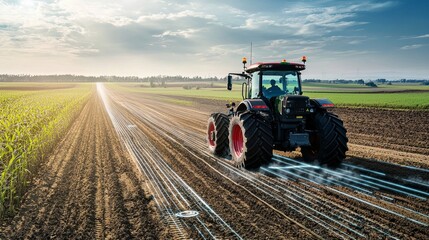 Fototapeta premium Precision Farming: Autonomous Tractor with GPS Technology Cultivating Field