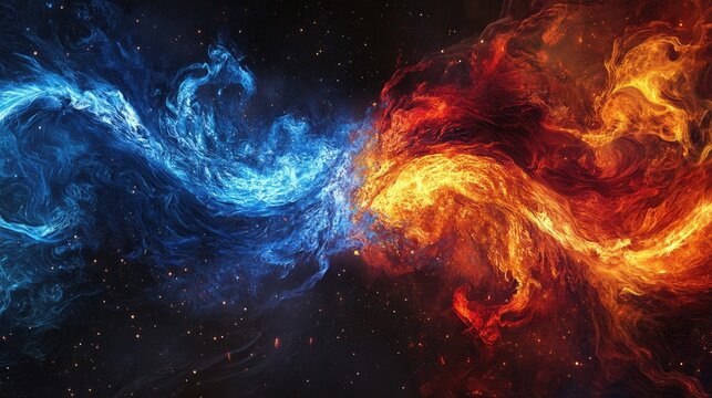 Dynamic abstract fire and ice elements colliding in cosmic space, creating a visually inspiring composition for design and artwork