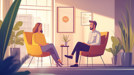 compassionate care: a therapist listening to a client, an illustration of a therapist attentively listening to a female client in a modern office setting
