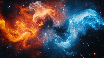 Fototapeta premium Stunning cosmic space with swirling fire and ice elements in a vibrant abstract display, perfect for unique design projects