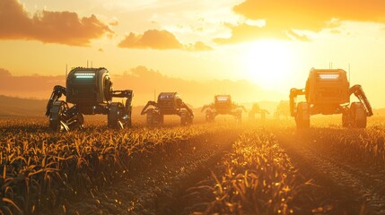 Fototapeta premium Futuristic Farming: 3D Illustration of Agricultural Robots Working Under Sun