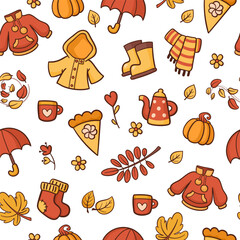 Autumn seamless pattern. Warm and cozy autumn things, hand drawn. Raincoat, sweater, teapot and cup, autumn leaves. Cute background.