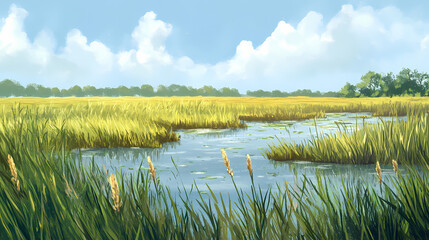 Salt meadow cordgrass salt hay native grass marsh marsh flood salt brackish spartina patens aquatic wetlands flowering plant sea marsh grass. Wetlands. Illustration