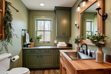 Fototapeta premium Fresh Rustic Bathroom with Olive Green Cabinet, Stainless Steel Sink, Oak Vanity, and Greenery Decor