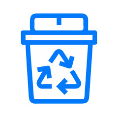 A blue trash can with arrows pointing to the top and bottom. The trash can is labeled with the word recycle