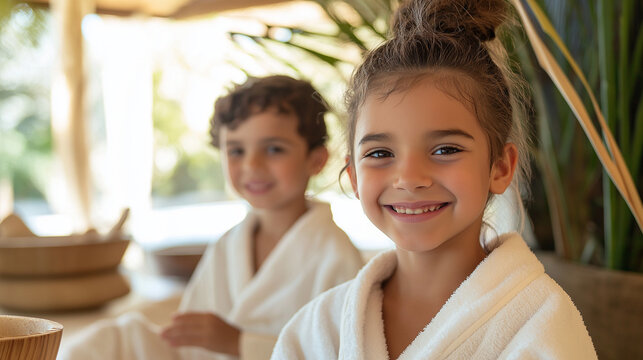 Group of happy children enjoying a spa day, dressed in soft white robes, smiling and relaxing in a luxurious environment, experiencing wellness and pampering.