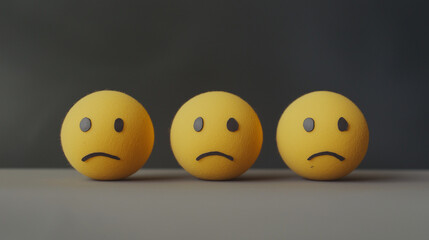 emotional, mood, sadness concept: three yellow balls with sad faces arranged in a slightly slumped pattern against an isolated ash gray background