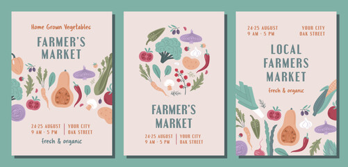 Set of modern banner or poster for Local Farmers Market, Organic Farm, Harvest Festival, Agricultural fair  Vector flat illustration. Announcement for seasonal fair. Hand drawn flyer template