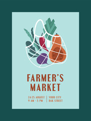 Farmers Market, Organic Farm, Harvest Festival, Agricultural fair banner or poster in bright colours. Vector flat illustration. Announcement for seasonal agricultural fair. Hand drawn banner template