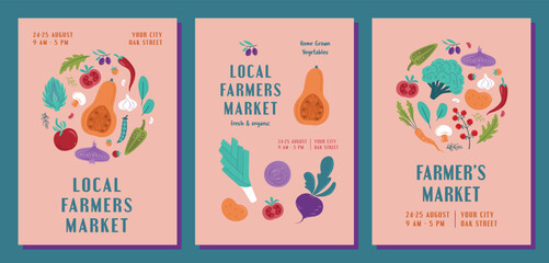 Set of modern banner or poster for Farmers Market, Organic Farm, Harvest Festival, Agricultural fair  Vector flat illustration in bright colors. Announcement for seasonal fair. Hand drawn template