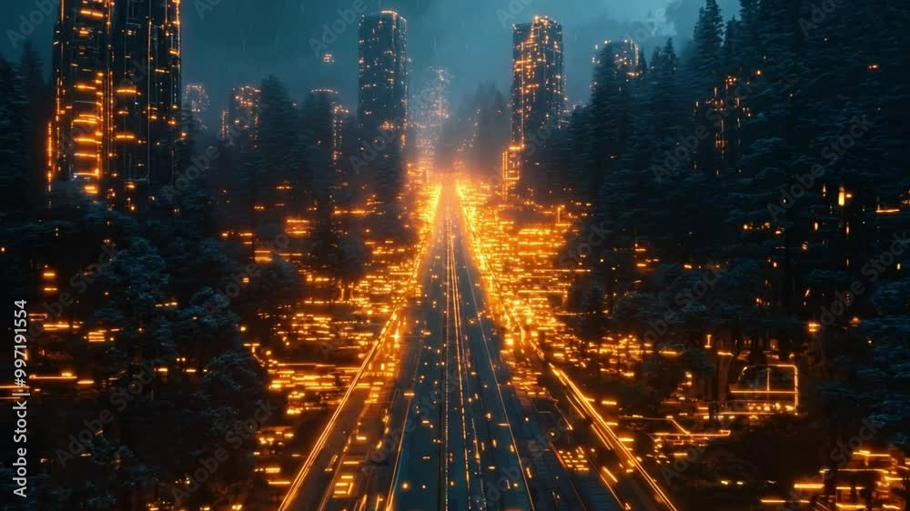 Poster The setting features a highway cutting through a futuristic cityscape, surrounded by towering skyscrapers adorned with glowing lights amidst dense trees at dusk.