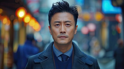 Fototapeta premium Confident Asian Man in Business Attire Walking in a Vibrant Urban Street with Blurred Lights