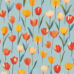 A repeating pattern of small flat tulips in vibrant red and yellow, evenly spaced on a soft blue background, creating a fresh and cheerful floral look.