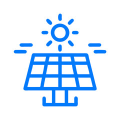 A blue sun with rays of light shining on a solar panel. Concept of harnessing the power of the sun to generate electricity