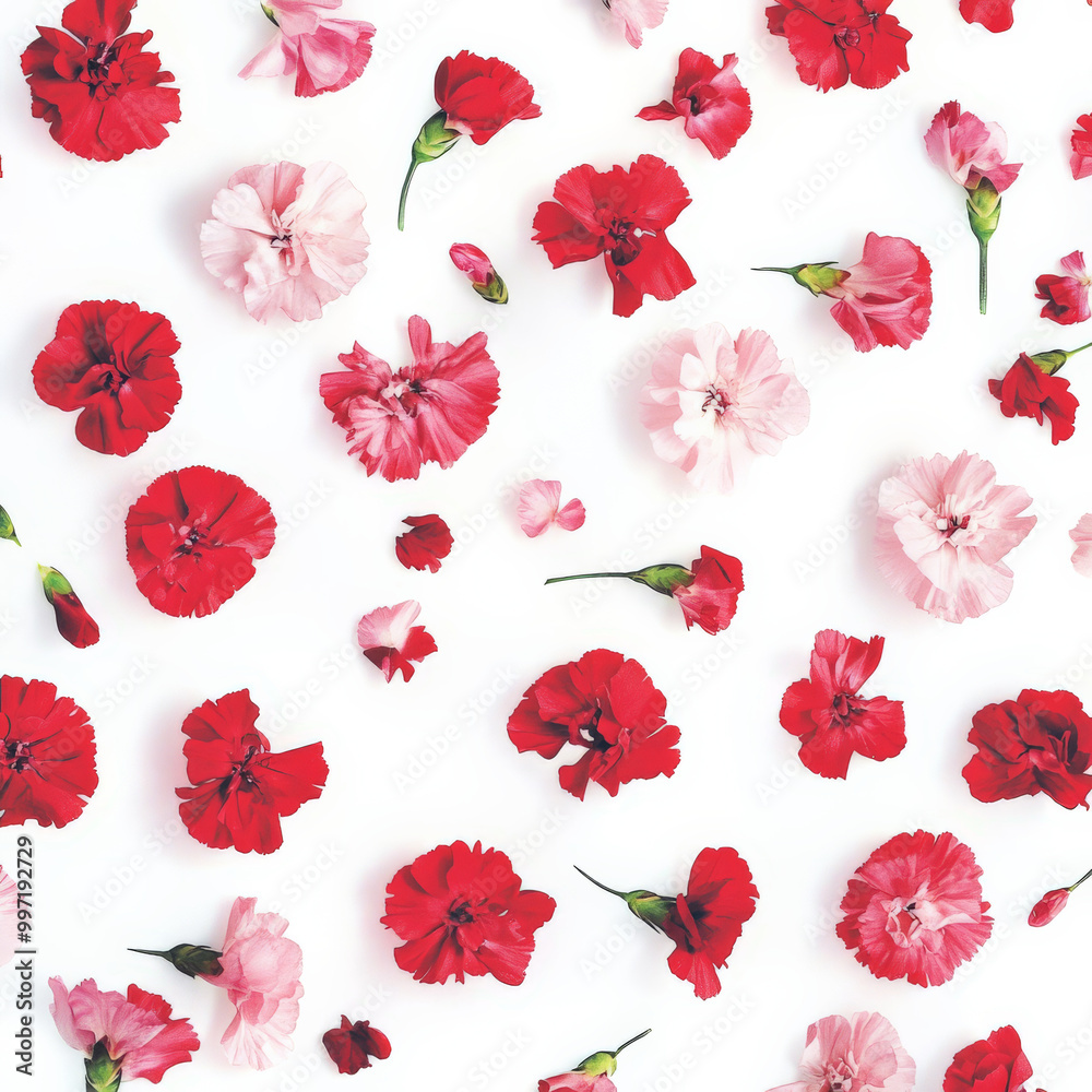 Wall mural Small flat carnations in shades of red and pink, scattered across a soft white background, creating a light and cheerful floral design.