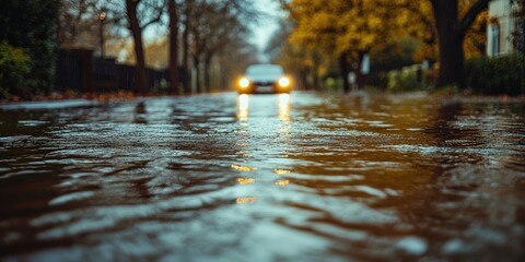 Fototapeta premium Flooded street in urban neighborhood due to heavy rain and storm