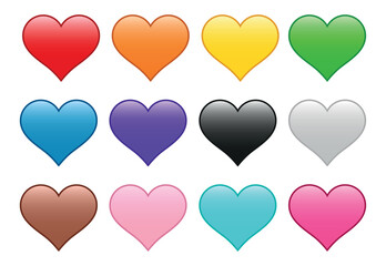 Colorful Gradient Heart Icons in Various Shades Emoji Style. Vector on white background
