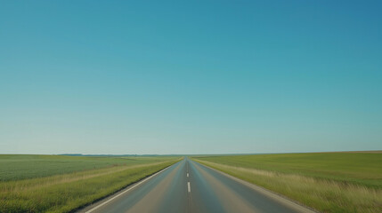 Straight empty highway stretching through green fields under a clear blue sky, showcasing an open road perspective and minimalistic natural landscape, ideal for travel or freedom themes