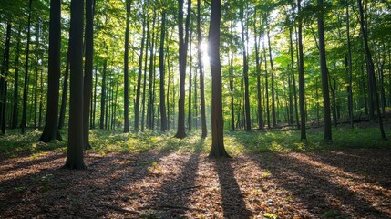 Obraz premium A tranquil forest is illuminated by sunlight streaming through the branches, creating intricate patterns of light and shadow across the leafy ground