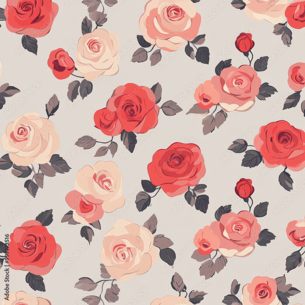 Canvas Prints tiny flat design roses in soft red and pink hues, arranged in a repeating pattern on a light grey ba