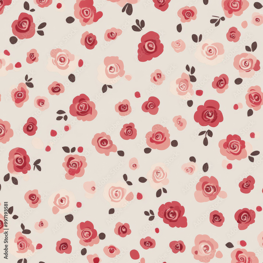 Canvas Prints tiny flat design roses in soft red and pink hues, arranged in a repeating pattern on a light grey ba