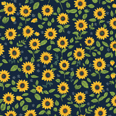 Tiny flat design sunflowers in bright yellow and green, scattered across a deep navy blue background, creating a bold and cheerful floral pattern.