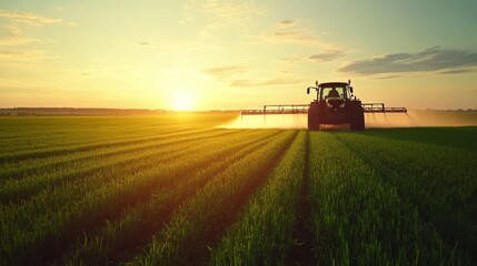 Fototapeta premium A tractor applies fertilizer to a sprawling green field as the sun sets, casting golden light over the vibrant landscape and enhancing the colors of nature
