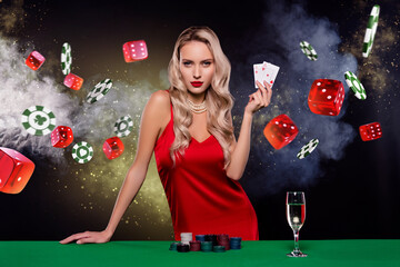 Collage picture of gorgeous elegant girl hold ace cards combination casino blackjack luck champagne dice cube tokens