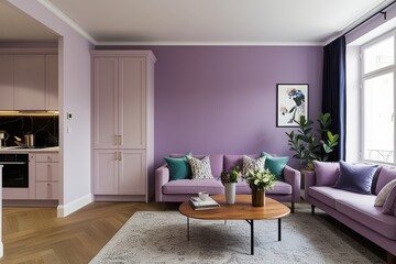 Fototapeta premium Chic Apartment Interior with Stylish Kitchen and Cozy Living Room Featuring a Striking Lavender Wall
