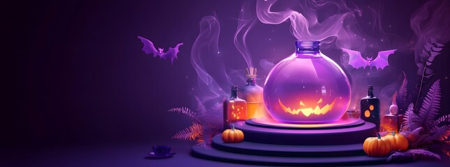 Fototapeta premium Halloween minimal scene 3d with smoke and podium platform. Halloween background vector 3d rendering with pumpkin podium. stand to show products. Stage Showcase on pedestal modern orange pumpkin pastel