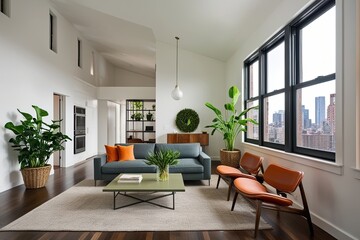 Fototapeta premium Sophisticated Minimalist Loft Decor Featuring Open Interiors and Lush Greenery