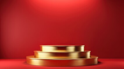 Fototapeta premium A trio of golden podiums against a red backdrop, ideal for awards or presentations.