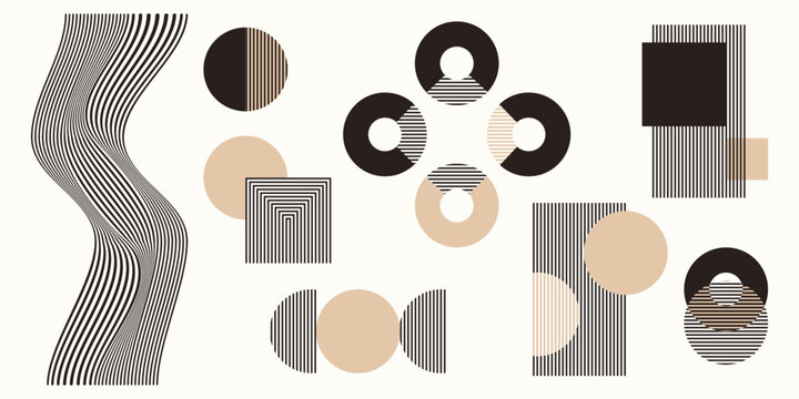 Monochromatyczny zestaw abstrakcyjnych element&oacute;w z kolorystycznym akcentem. Geometryczne kształty w paski, minimalistyczne cienkie linie, łuki, elipsy, kwadraty. Ilustracja wektorowa.