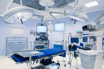 Empty hospital operating room; Operating room equipped for surgical operations. No people.
