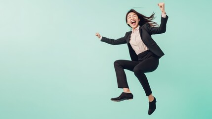 Obraz premium An Asian woman wearing a business suit leaps joyfully into the air, expressing enthusiasm and positivity against a soft pastel background, capturing a moment of celebration