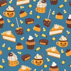 Halloween sweets seamless pattern. Halloween candies and treats background. Traditional Halloween treats.