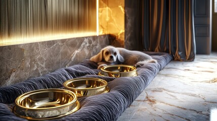 A luxury pet suite with plush velvet bedding, gold-rimmed feeding bowls, and a marble floor Designed for the ultimate pet pampering in a lavish home setting