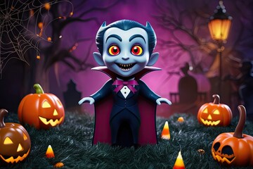 Adorable Vampire with Spooky Festival Elements in Three-Dimensional Rendering