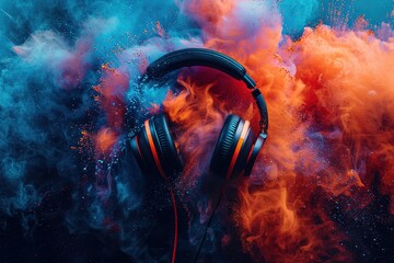 Headphone and vivid color powder. Creative music and festival concept